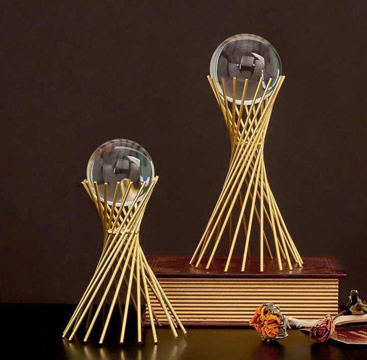 Golden Iron Crystal Ball With Geometric Metal Brass Stand, Ornament Desk Statue Sculptor Decor Golden Iron Crystal Ball With Geometric Metal Brass Stand, Ornament Desk Statue Sculptor Decor